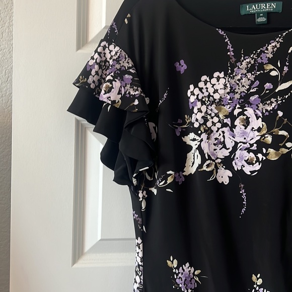 Lauren black dark floral cinched dress SZ 14 black wrap style ruffle career - Picture 5 of 14